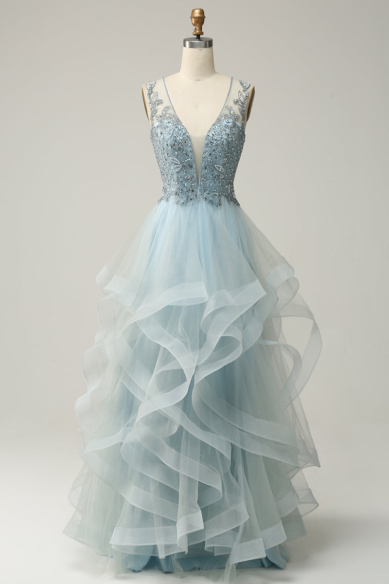 Load image into Gallery viewer, A Line Deep V Neck Light Blue Long Beaded Formal Dress with Appliques