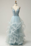 A Line Deep V Neck Light Blue Long Beaded Formal Dress with Appliques