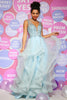 Load image into Gallery viewer, A Line Deep V Neck Light Blue Long Beaded Formal Dress with Appliques