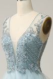 A Line Deep V Neck Light Blue Long Beaded Formal Dress with Appliques