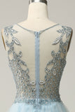 A Line Deep V Neck Light Blue Long Beaded Formal Dress with Appliques