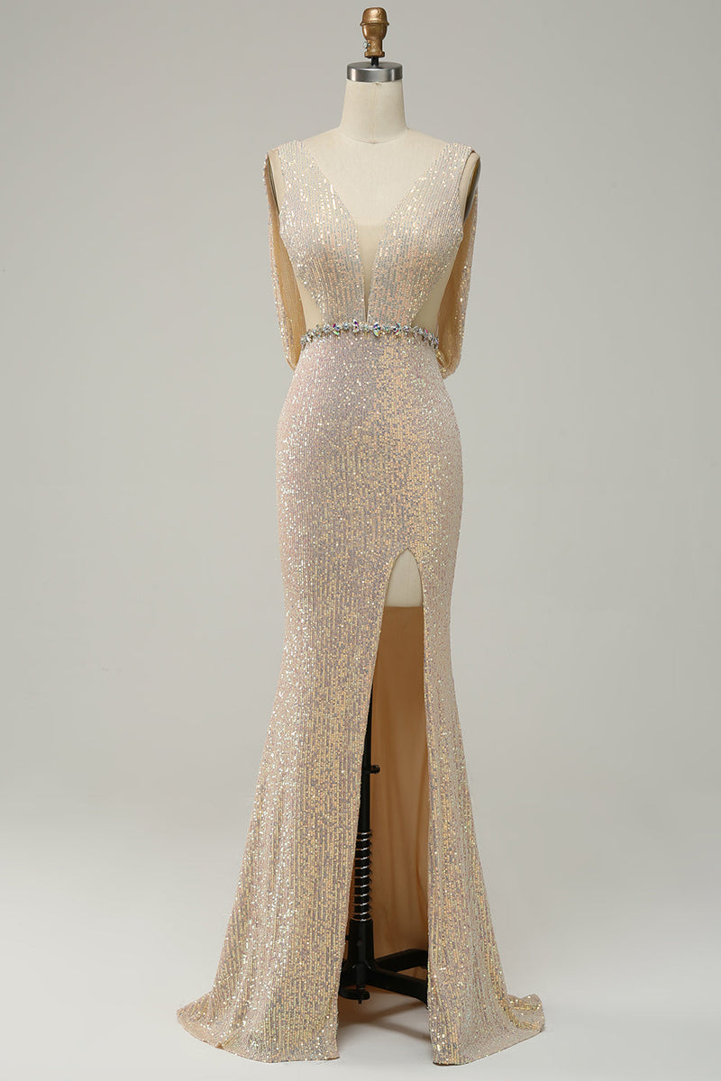 Load image into Gallery viewer, Sheath Deep V Neck Champagne Sequins Long Formal Dress with Split Front