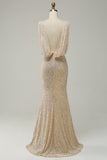 Sheath Deep V Neck Champagne Sequins Long Formal Dress with Split Front