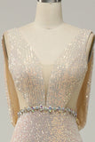 Sheath Deep V Neck Champagne Sequins Long Formal Dress with Split Front