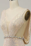 Sheath Deep V Neck Champagne Sequins Long Formal Dress with Split Front