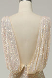 Sheath Deep V Neck Champagne Sequins Long Formal Dress with Split Front