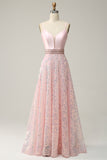 A Line Spaghetti Straps Pink Long Formal Dress with Beading