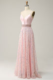 A Line Spaghetti Straps Pink Long Formal Dress with Beading