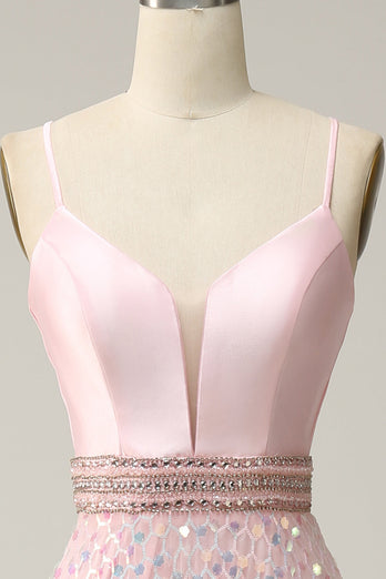 A Line Spaghetti Straps Pink Long Formal Dress with Beading