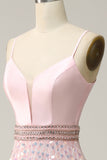 A Line Spaghetti Straps Pink Long Formal Dress with Beading