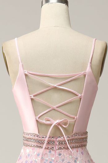 A Line Spaghetti Straps Pink Long Formal Dress with Beading