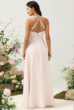 Pink Mermaid Chiffon Long Bridesmaid Dress with Slit