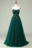 A Line Spaghetti Straps Dark Green Corset Formal Dress with Appliques