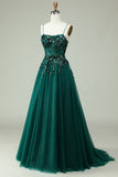 A Line Spaghetti Straps Dark Green Corset Formal Dress with Appliques