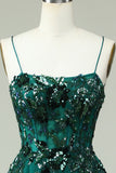 A Line Spaghetti Straps Dark Green Corset Formal Dress with Appliques