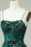 A Line Spaghetti Straps Dark Green Corset Formal Dress with Appliques