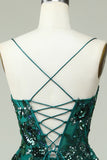 A Line Spaghetti Straps Dark Green Corset Formal Dress with Appliques