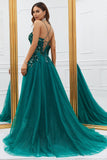 Sparkly Dark Green Tulle Long Formal Dress with Appliques