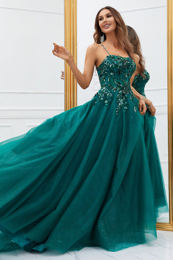 Sparkly Dark Green Tulle Long Formal Dress with Appliques