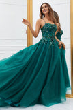 Sparkly Dark Green Tulle Long Formal Dress with Appliques