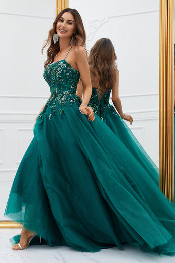 Sparkly Dark Green Tulle Long Formal Dress with Appliques