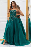 Sparkly Dark Green Tulle Long Formal Dress with Appliques