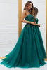 Load image into Gallery viewer, Sparkly Dark Green Tulle Long Formal Dress with Appliques