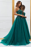 Sparkly Dark Green Tulle Long Formal Dress with Appliques