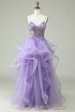 A Line Spaghetti Straps Purple Long Formal Dress with Appliques