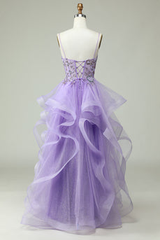A Line Spaghetti Straps Purple Long Formal Dress with Appliques