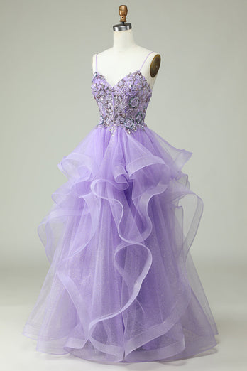 A Line Spaghetti Straps Purple Long Formal Dress with Appliques
