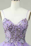 A Line Spaghetti Straps Purple Long Formal Dress with Appliques