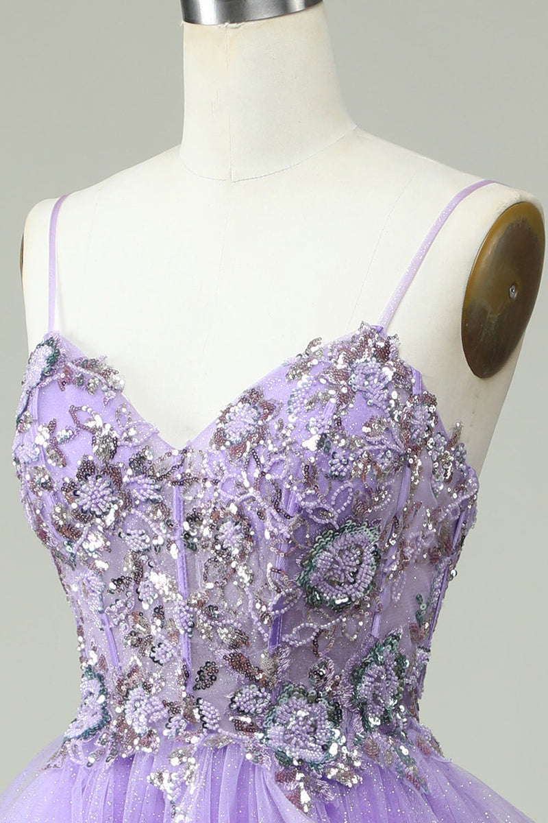 Load image into Gallery viewer, A Line Spaghetti Straps Purple Long Formal Dress with Appliques