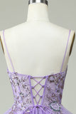 A Line Spaghetti Straps Purple Long Formal Dress with Appliques