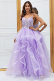 Glitter Purple Ruffled Corset Long Formal Dress with Lace