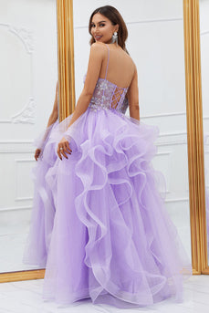 Glitter Purple Ruffled Corset Long Formal Dress with Lace