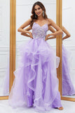 Glitter Purple Ruffled Corset Long Formal Dress with Lace