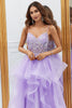 Load image into Gallery viewer, Glitter Purple Ruffled Corset Long Formal Dress with Lace