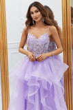 Glitter Purple Ruffled Corset Long Formal Dress with Lace