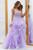 Glitter Purple Ruffled Corset Long Formal Dress with Lace