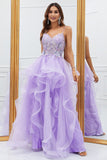 Glitter Purple Ruffled Corset Long Formal Dress with Lace