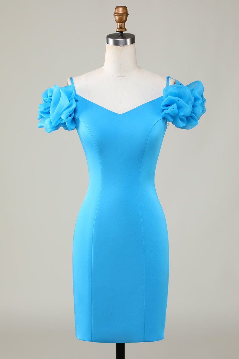 Load image into Gallery viewer, Bodycon Off the Shoulder Blue Short Cocktail Dress with Ruffles