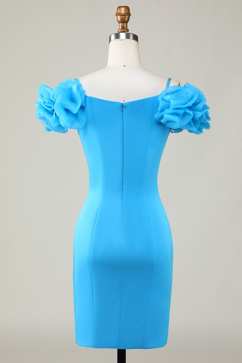 Load image into Gallery viewer, Bodycon Off the Shoulder Blue Short Cocktail Dress with Ruffles