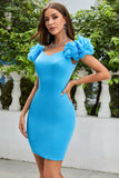 Simple Blue Off the Shoulder Tight Cocktail Dress with Ruffles