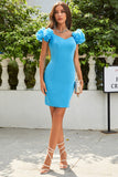 Simple Blue Off the Shoulder Tight Cocktail Dress with Ruffles