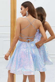 Sparkly Light Blue A-Line Sequins Short Formal Dress