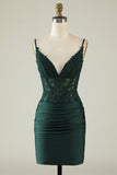 Sheath Spaghetti Straps Dark Green Short Formal Dress with Beading