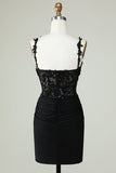 Sheath Spaghetti Straps Black Short Formal Dress with Appiques