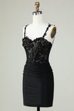 Sheath Spaghetti Straps Black Short Formal Dress with Appiques