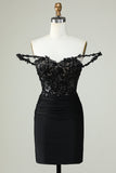 Sheath Spaghetti Straps Black Short Formal Dress with Appiques